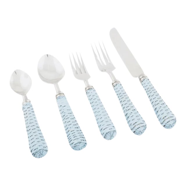 Soft Blue Wicker Flatware, Five-Piece Set For Sale
