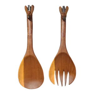 Vintage Teak Hand Carved Giraffe Salad Serving Utensils- Set of 2