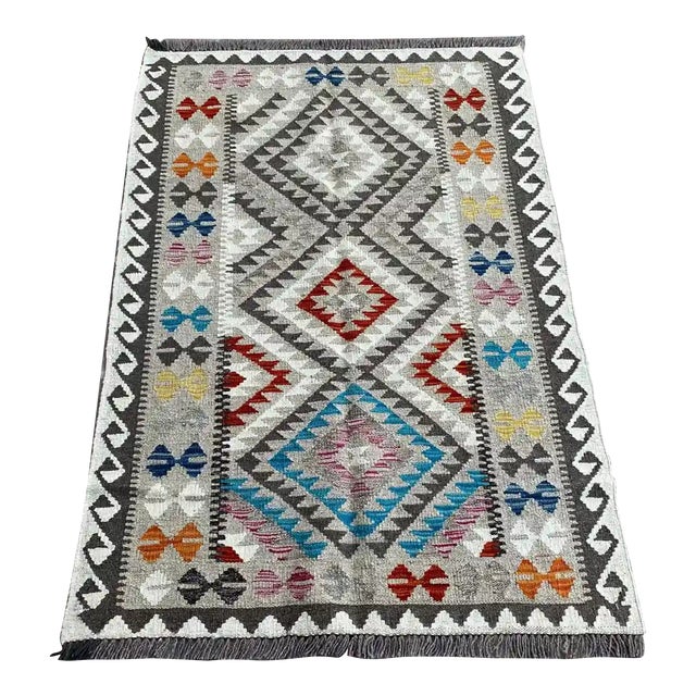 Shabby Chic Tribal Kilim Hand-Woven Wool Rug 3.2' X 4.7' For Sale