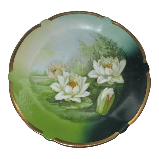 Antique German Porcelain Plate /Charger Green With Water Lilies For Sale