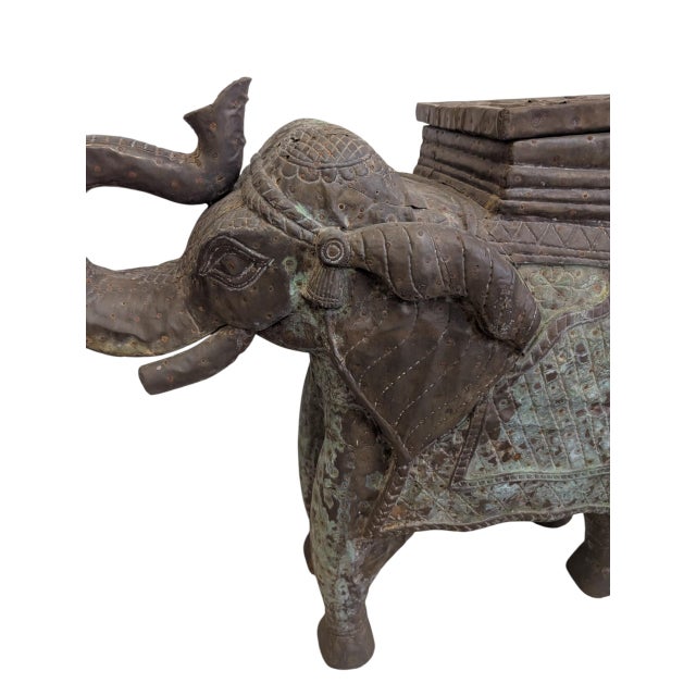 Vintage Hand-Carved Wood Elephant With Hammered Bronze Cladding and Interior Storage For Sale - Image 4 of 12