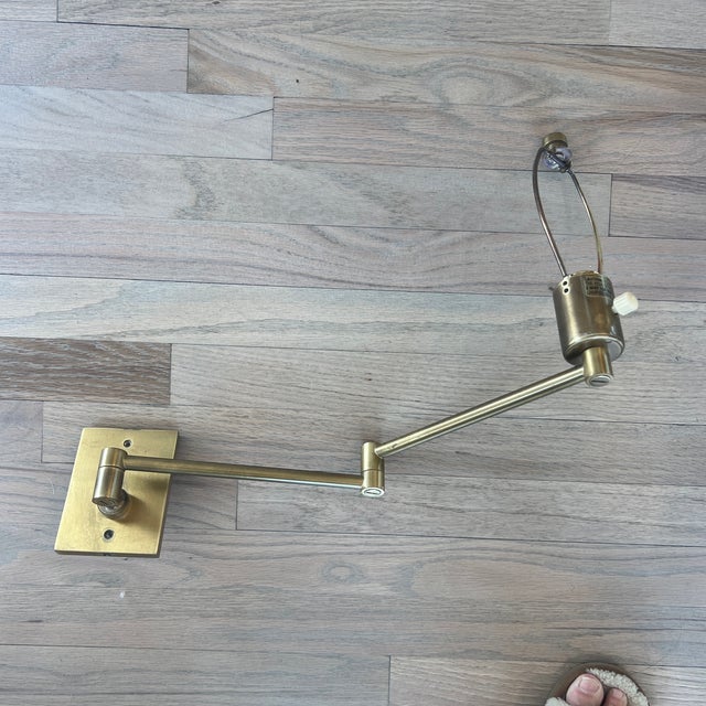 Metal Vintage Hansen New York Unlacquered Brass Swing Arm Lamps- Pair For Sale - Image 7 of 9