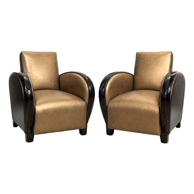 1930s Pair of French Art Deco Gold and Black Leather Club Chairs For Sale