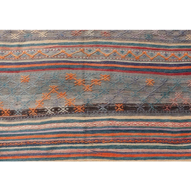 Mid 20th Century Colorful Vintage Turkish Embroidered Kilim With Stripes and Geometric Motifs For Sale - Image 10 of 12