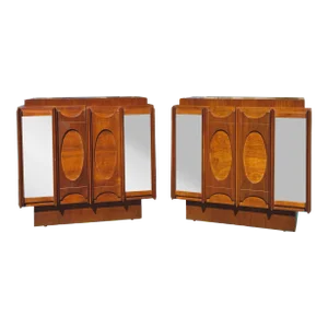 Brutalist Tobago Nightstands With Sculpted Door Fronts and Inset Smoked Mirrors - Set of 2