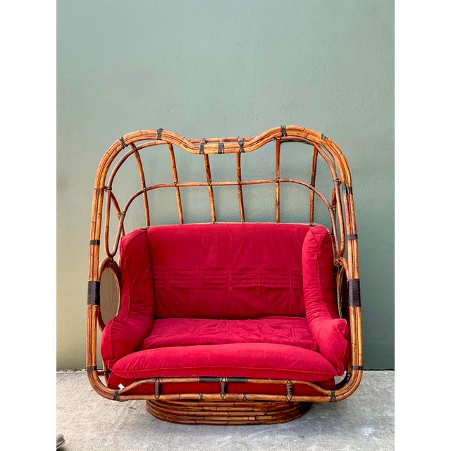 Red Vintage Boho Rattan Swivel Lounge Hooded Loveseat For Sale - Image 8 of 12