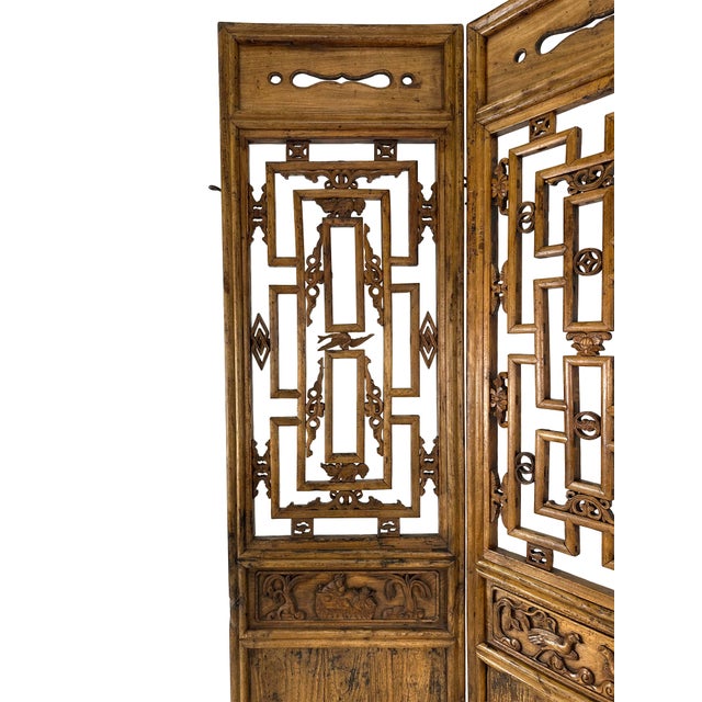 Late 19th Century Large Antique Asian Carved Elm Four Panel Folding Screen Room Divider For Sale - Image 5 of 18