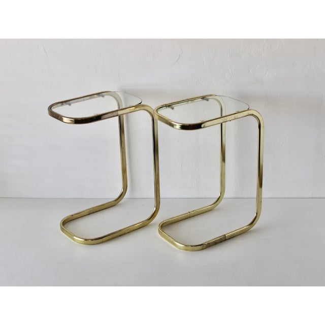 Milo Baughman Style Brass Glass Cantilever Side Tables Vintage Mid-Century Modern-a Pair For Sale - Image 10 of 14