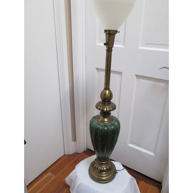Hollywood Regency Rembrandt Emerald Green Tall Lamp With Glass Shade For Sale - Image 3 of 11