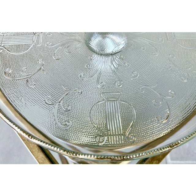 Circa 1950 Whimsical “Harp” Scalloped Gilt Edge Pedestal Cake Stand by Jeannette Glass For Sale - Image 17 of 18