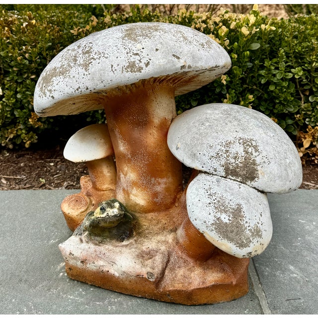 Cast Stone Mushroom Toadstool Garden Sculpture With Frog For Sale In New York - Image 6 of 12