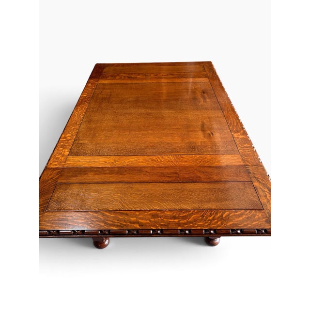 Wood Rare 1925 Jacobean-Elizabethan Solid Oak Draw-Leaf Dining Set – Hand-Carved Masterpiece For Sale - Image 7 of 12