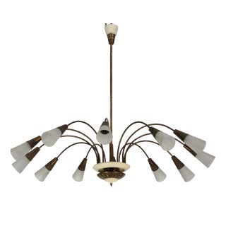 Large Mid-Century Italian Sputnik Brass Chandelier with Satin Glass, 1950s For Sale