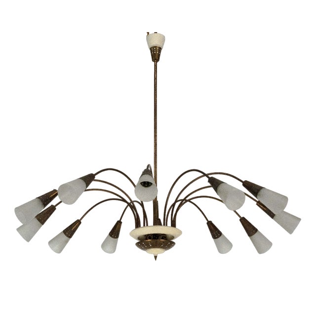 Large Mid-Century Italian Sputnik Brass Chandelier with Satin Glass, 1950s For Sale
