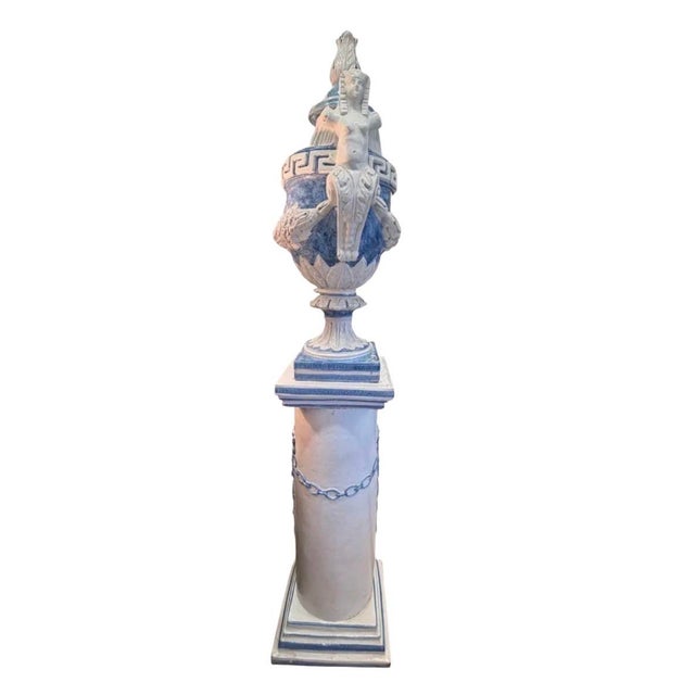 Italian Pair of Vintage Monumental 79” Italian Blue & White Glazed Ceramic Lidded Urns on Pedestals For Sale - Image 3 of 12
