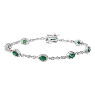 10K White Gold Oval Green Emerald & Diamond Alternating Link Bracelet For Sale