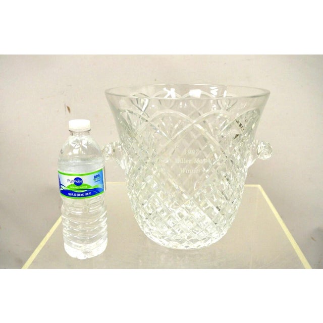 Vintage Heavy Diamond Cut Lead Crystal Glass Ice Bucket - Etched. Item features heavy crystal glass construction etched...