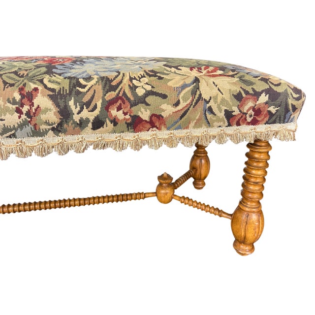 Wood Vintage Jacobean Tapestry Hall Bench With Turned Wood Legs, Scalloped Fringe & Upholstered Floral Seat For Sale - Image 7 of 12