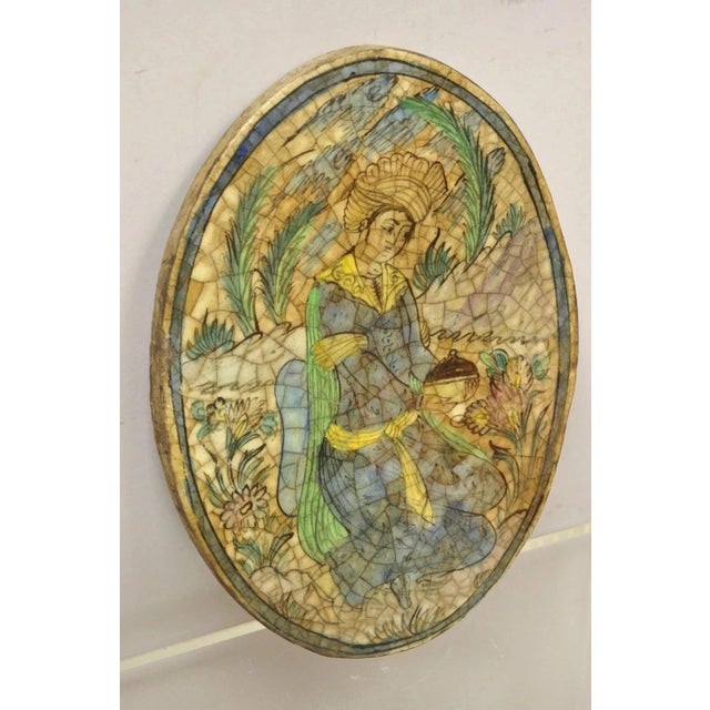 Antique Persian Iznik Qajar Style Ceramic Pottery Oval Tile Kneeling Woman C3 For Sale - Image 11 of 11