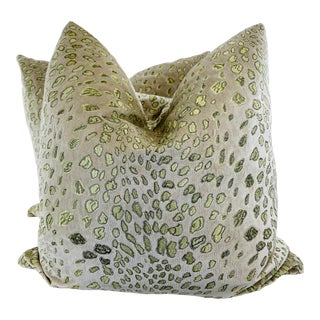 Cheetah Embroidered on Velvet in Green 22" Pillows-A Pair For Sale