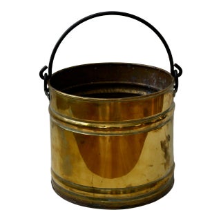 Vintage Mid Century Hollywood Regency Hand Crafted Brass Bucket Planter Wrought Iron Handle For Sale