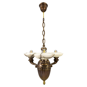 Art Deco Alabaster and Brass 3-Light Chandelier, 1930s