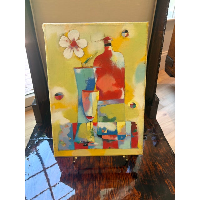 Abstract Modernist Original Painting “Still Life With Bottle & Flower”, Signed “Likhovid,” 2003 For Sale - Image 3 of 9