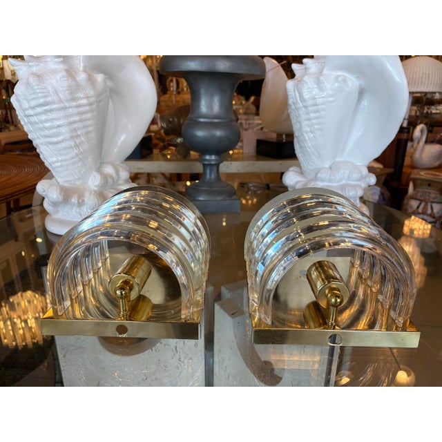 Metal Vintage Art Deco Wall Light Sconces Lucite Ribbon & Brass - a Pair For Sale - Image 7 of 12