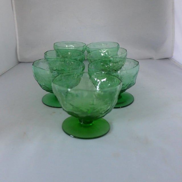 Midcentury set of seven lido milano green sherbet/ dessert glasses are in excellent condition .Dimensions 3.75"D X 2.75"H...