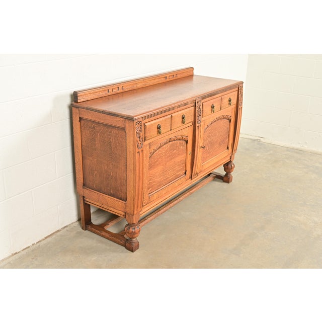 Berkey & Gay Berkey & Gay Style Antique English Jacobean Carved Oak Sideboard Buffet or Bar Cabinet, Circa 1920s For Sale - Image 4 of 16