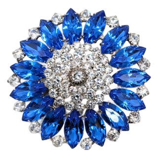 Vintage 1960s Signed Hobe Rhodium Plated Marquise Faux-Sapphire & Clear Rhinestone Brooch For Sale
