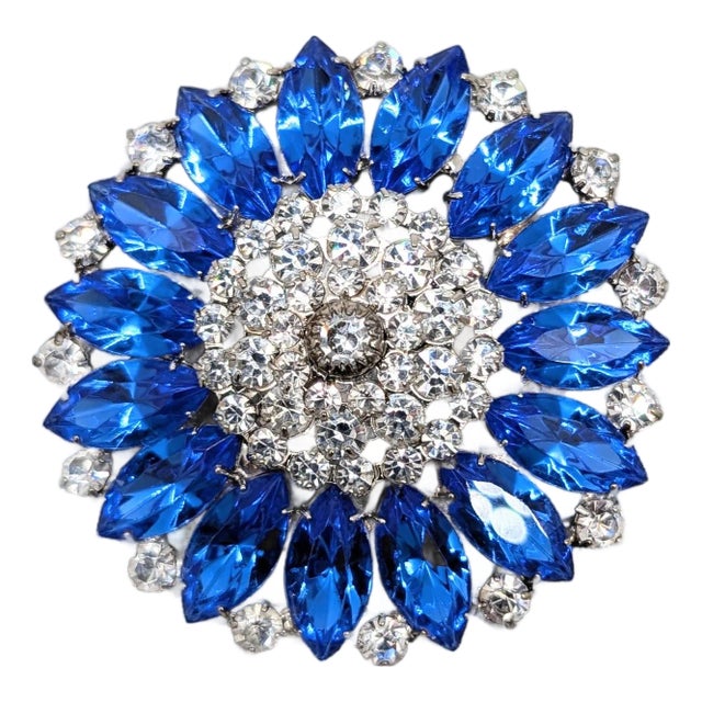 Vintage 1960s Signed Hobe Rhodium Plated Marquise Faux-Sapphire & Clear Rhinestone Brooch For Sale