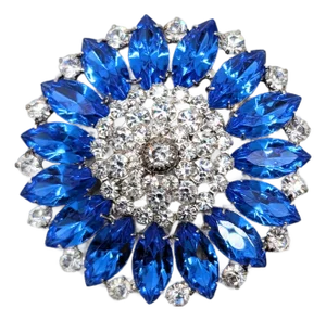Vintage 1960s Signed Hobe Rhodium Plated Marquise Faux-Sapphire & Clear Rhinestone Brooch