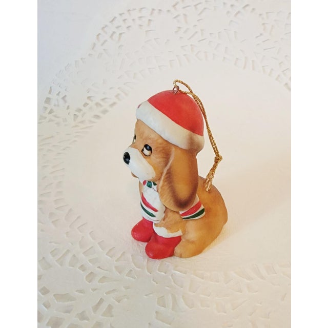 Late twentieth Century adorable handpainted ceramic puppy dog Christmas ornament by House of Lloyd is in very good vintage...