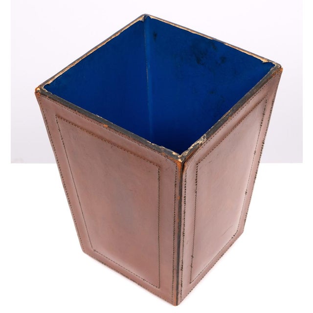 Very nice stich Leather Paper Basket .Beautiful Cognac Color. Blue interior comes with just the right amount of patine....