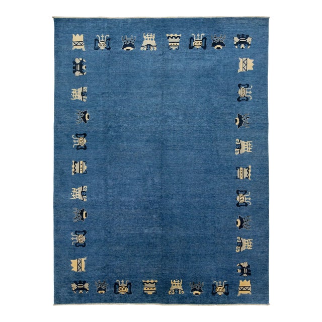 Modern Handmade Chinese Style Wool Rug in Blue For Sale
