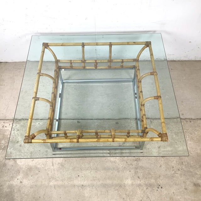Mid 20th Century 1970s Hollywood Regency Bamboo and Chrome Square Glass Coffee Table For Sale - Image 5 of 18