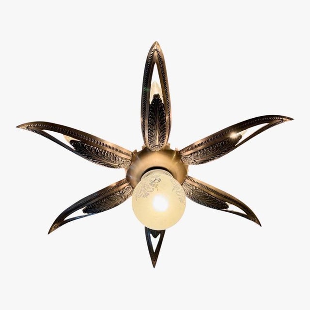 1930s French Art Deco Gilt Bronze and Glass Starburst Pendant Light, 1935 For Sale - Image 5 of 10