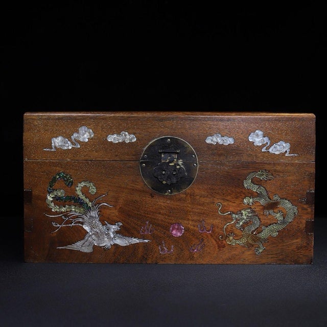 Huali Rosewood Box Inlaid With Mother-of-Pearl Dragon & Phoenix For Sale In Los Angeles - Image 6 of 9