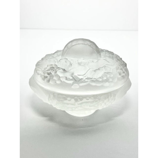 Lalique-Style Frosted Crystal Oval Dresser Vanity Trinket Box Cherubs Birds 5.5” Good vintage condition. Chips and...