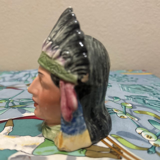 1940s Antique Figural Majolica Native American Chief Tobacco Humidor Jar, Circa 1910 For Sale - Image 5 of 11