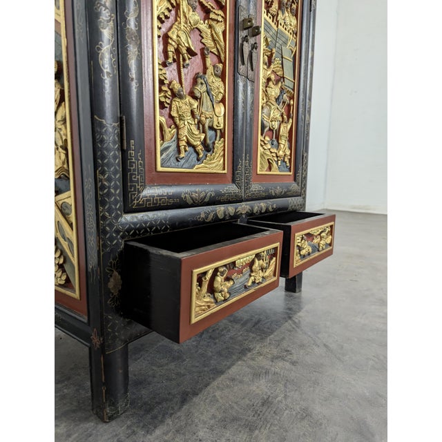 Asian Cabinet with Polychrome Sculpted Panels For Sale - Image 5 of 9