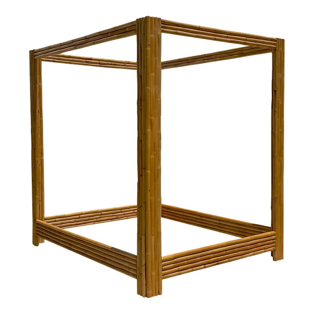Vintage Coastal Rattan Queen Canopy Bed Frame For Sale