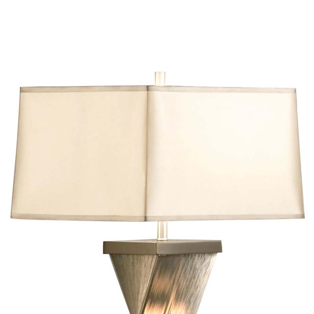 Transitional 1990s Torque Accent Table Lamp - 24", Espresso Wood & Satin Nickel, Hand-Knotted Silvered Strings, Linen Shade, 4-Way Rotary Switch For Sale - Image 3 of 6