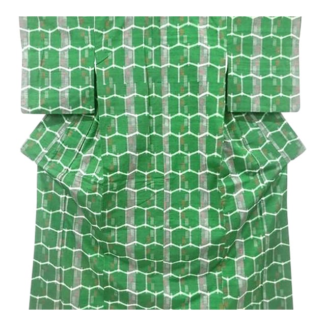 Mid Century Japanese Kimono Silk Green Antique Vintage Fabric Display Hanger For Sale