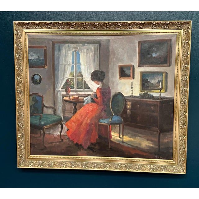 Original mid 20th century scandinavian oil on canvas – interior scene by bente berg – signed – framed 75 × 86 cm (29.5" ×...