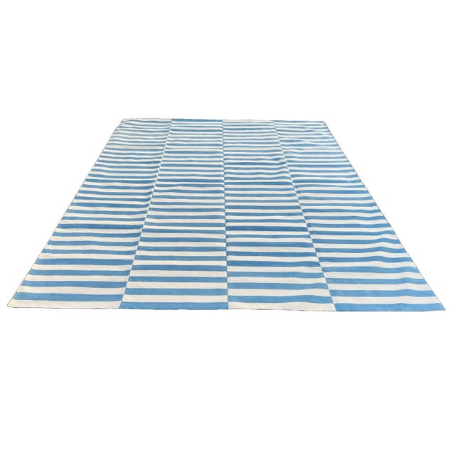 Handmade Cotton Rug, Sky Blue and White Natural Vegetable Dyed Up Down Striped Dhurrie- 12'x15' For Sale - Image 9 of 11