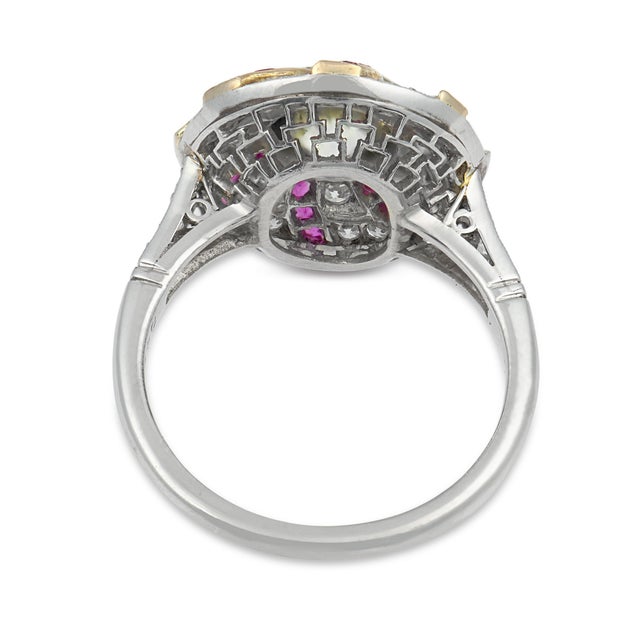 Art Deco Style 1.42 Carat Diamond Ruby Platinum Cluster Swirl Ring, Size 6.75 For Sale In Los Angeles - Image 6 of 6