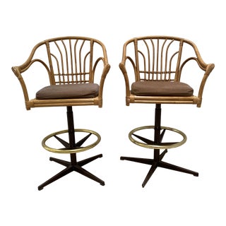 Mid Century Cane Bamboo Counter Stools - a Pair For Sale