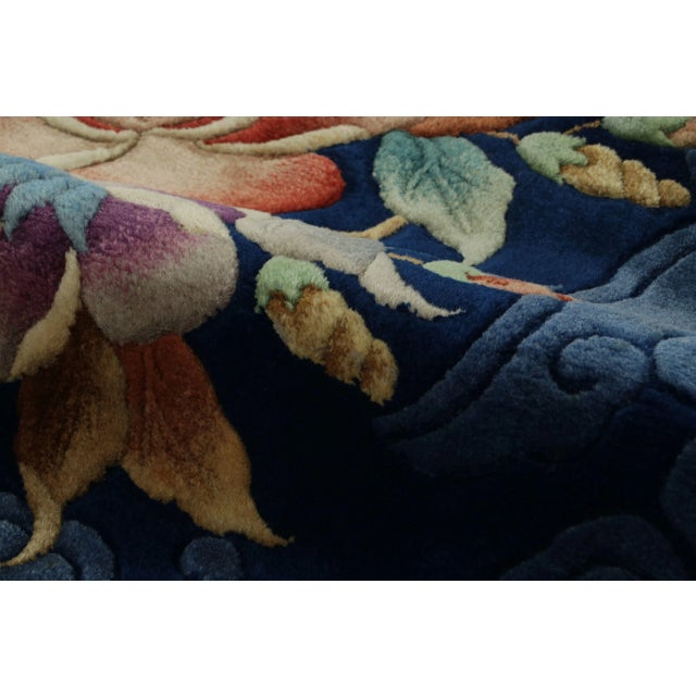 Textile Antique Chinese Art Deco Rug, Midnight Blue Field With Floral Sprays - Rug & Kilim For Sale - Image 7 of 7